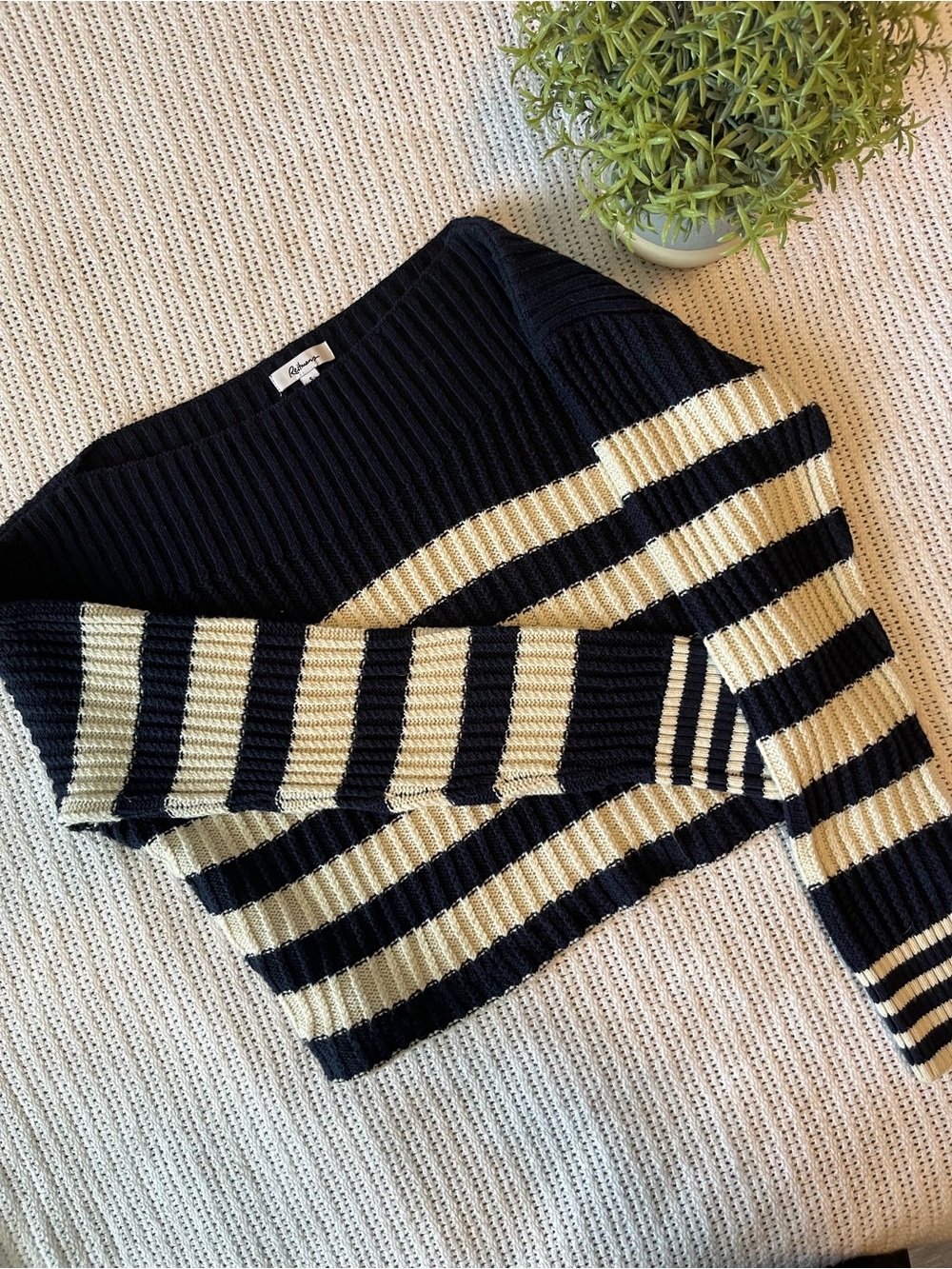 Navy Blue and White Striped Ribbed Boatneck Sweater
